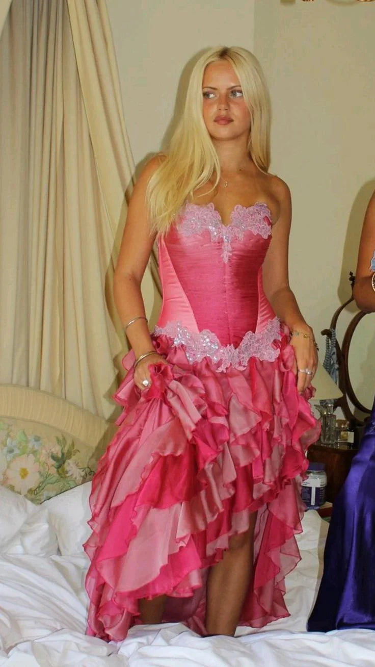 Abito da sera vintage rosa acceso in pizzo e chiffon con balze, senza spalline, abito da ballo Y8252