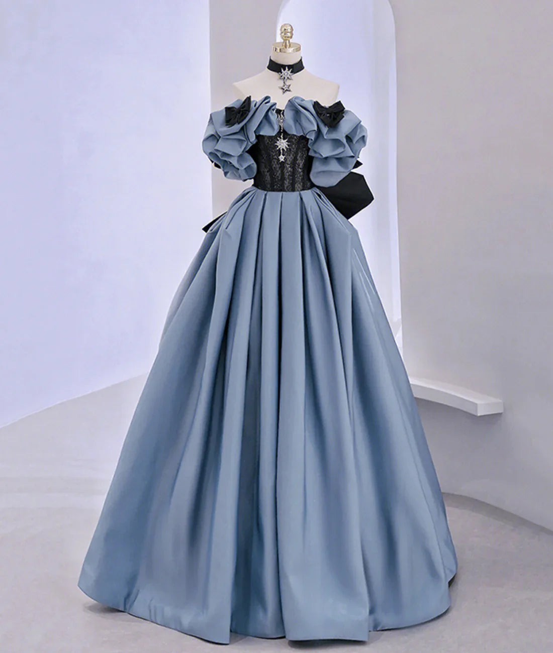 Vestido largo de fiesta con encaje de satén y hombros descubiertos, vestido de noche azul Y2619