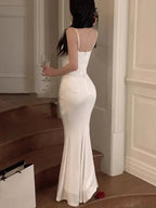 Abito da sera bianco a sirena con sottili spalline spaghetti, lungo, per ballo di fine anno Y7787