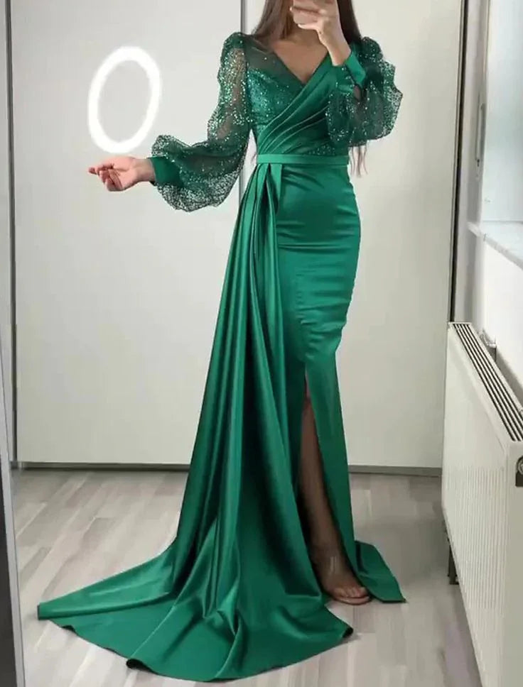 Robe de soirée en satin vert foncé à col en V et manches longues Y6109
