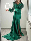 Robe de soirée en satin vert foncé à col en V et manches longues Y6109