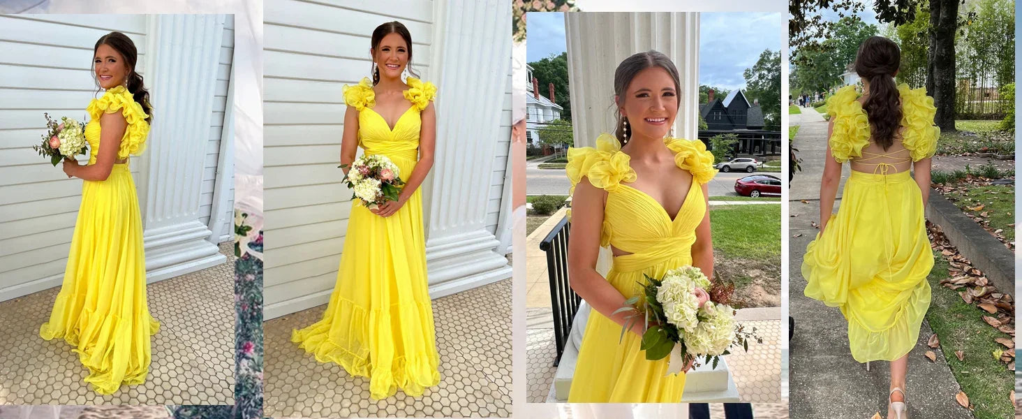 Abiti da cerimonia in chiffon a linea ad A con volant per donna, scollo a V, abiti lunghi da damigella, abiti da sera formali senza schienale Y3043