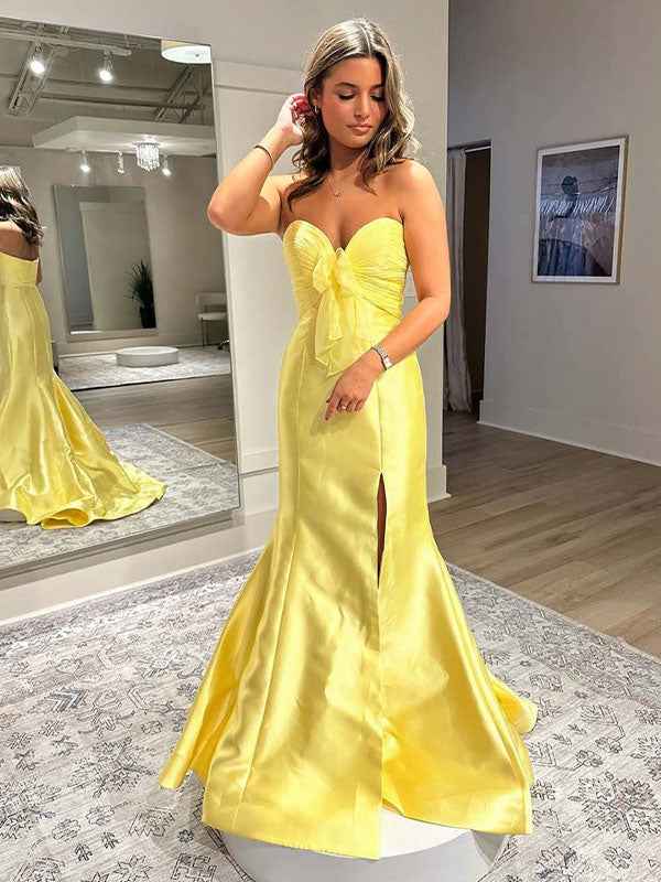 Yellow Mermaid Strapless Sweetheart Long Prom Dress With Slit