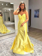 Yellow Mermaid Strapless Sweetheart Long Prom Dress With Slit