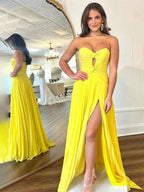 Stunning Yellow A Line Strapless Sweetheart Pleated Prom Dress High Slit Gown