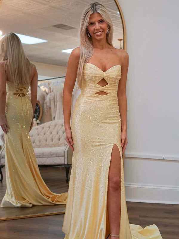 Light Yellow Mermaid Strapless Beaded Prom Dress With Keyholes