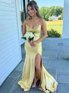 Golden Mermaid Satin Strapless Prom Dress With V Neck And Slit