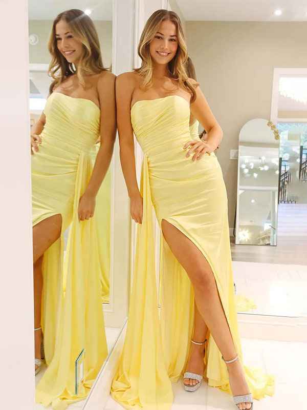 Yellow Strapless Prom Dress Long Mermaid Gown With Slit