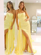 Yellow Strapless Prom Dress Long Mermaid Gown With Slit