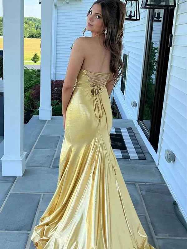 Golden Mermaid Satin Strapless Prom Dress With V Neck And Slit