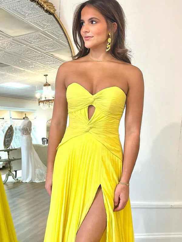 Stunning Yellow A Line Strapless Sweetheart Pleated Prom Dress High Slit Gown