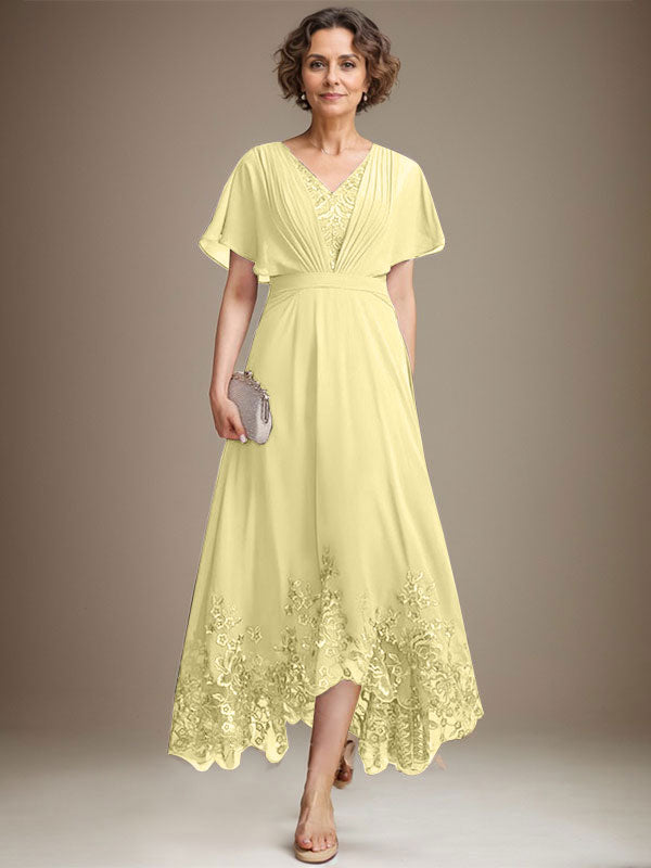 Robe de mère de la mariée en mousseline de soie à dentelle asymétrique, en forme de A, col en V, avec plis