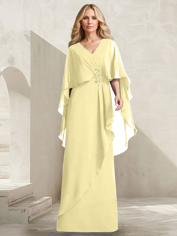 A-line V-Neck Floor-Length Chiffon Mother of the Bride Dress With Cascading Ruffles Beading