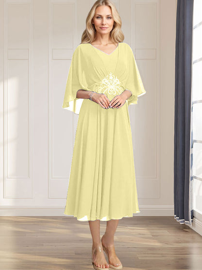 A-line V-Neck Tea-Length Chiffon Mother of the Bride Dress With Pleated Sequins Appliques Lace Beadind