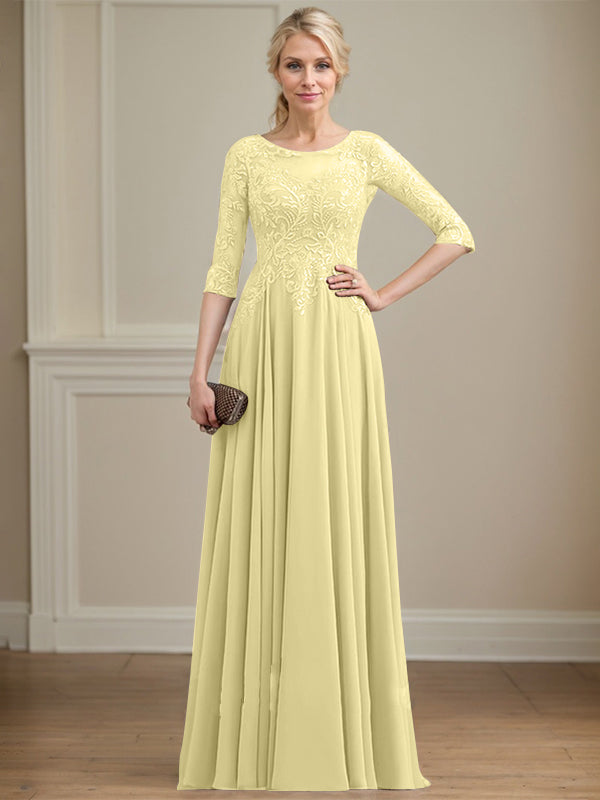 A-Linie, U-Ausschnitt, Illusion, bodenlanges Spitzen-Chiffon-Kleid für die Brautmutter mit Pailletten 