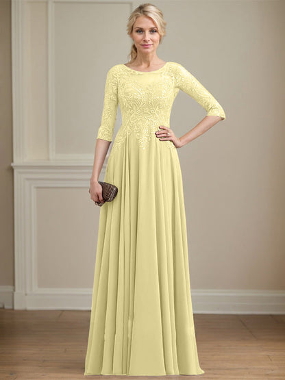A-Linie, U-Ausschnitt, Illusion, bodenlanges Spitzen-Chiffon-Kleid für die Brautmutter mit Pailletten 