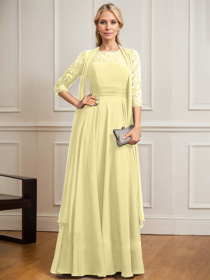 A-Linie U-Ausschnitt Illusion Bodenlang Spitze Chiffon Mutter der Braut Kleid Mit Plissee 