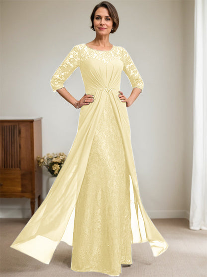 A-Linie U-Ausschnitt Illusion Bodenlang Spitzen Chiffon Mutter der Braut Kleid mit Perlenbesatz Rüschen 