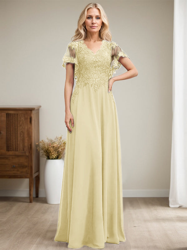 A-Linie V-Ausschnitt Bodenlanges Spitzen-Chiffon-Kleid für die Brautmutter mit Pailletten 