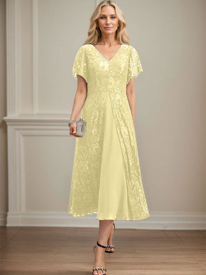 A-Linie V-Ausschnitt Wadenlanges Chiffon-Kleid für die Brautmutter 