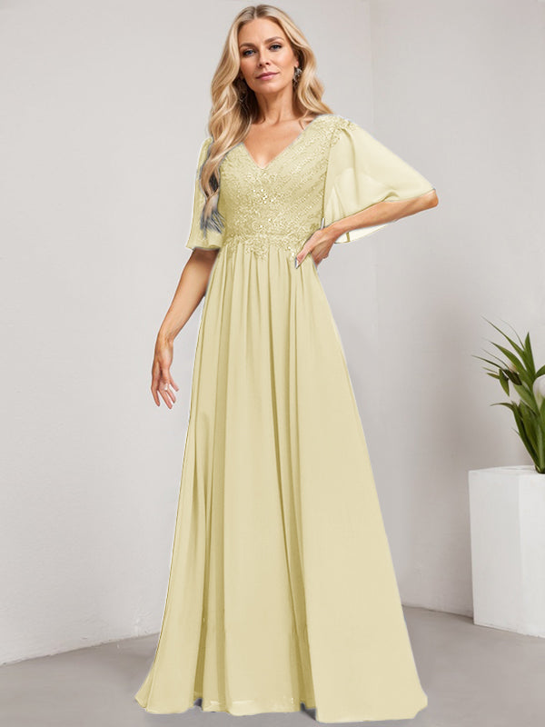 A-Linie V-Ausschnitt Bodenlanges Spitzen-Chiffon-Kleid für die Brautmutter mit Pailletten 