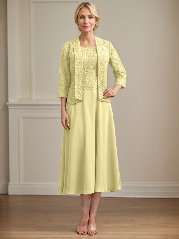 A-Linie U-Ausschnitt Wadenlang Chiffon-Kleid für die Brautmutter 