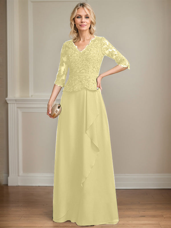 Vestido de madre de la novia de gasa con encaje, escote en V, largo hasta el suelo, con volantes en cascada y lentejuelas 