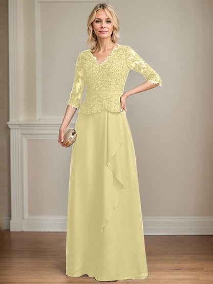 Vestido de madre de la novia de gasa con encaje, escote en V, largo hasta el suelo, con volantes en cascada y lentejuelas 