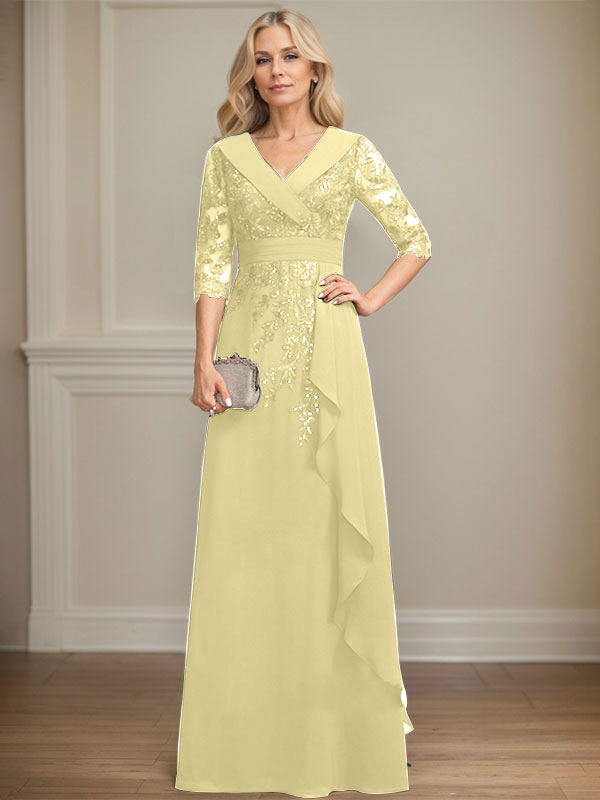 Robe de mère de la mariée en mousseline de soie à col en V, longueur au sol, ligne A, avec dentelle, paillettes et volants en cascade