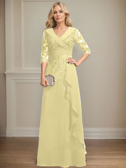 Vestido de madre de la novia de gasa con encaje, escote en V, corte A y largo hasta el suelo, con lentejuelas y volantes en cascada 