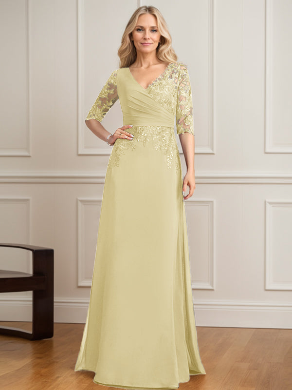 A-Linie, V-Ausschnitt, bodenlanges Spitzen-Chiffon-Kleid für die Brautmutter mit plissierten Pailletten 
