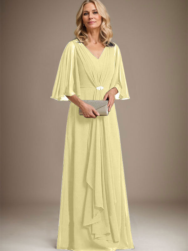 A-line V-Neck Floor-Length Chiffon Mother of the Bride Dress With Cascading Ruffles Crystal Brooch