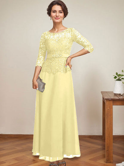 A-Linie, U-Ausschnitt, Illusion, knöchellang, Chiffon, Spitze, Kleid für die Brautmutter mit Strass-Perlen 