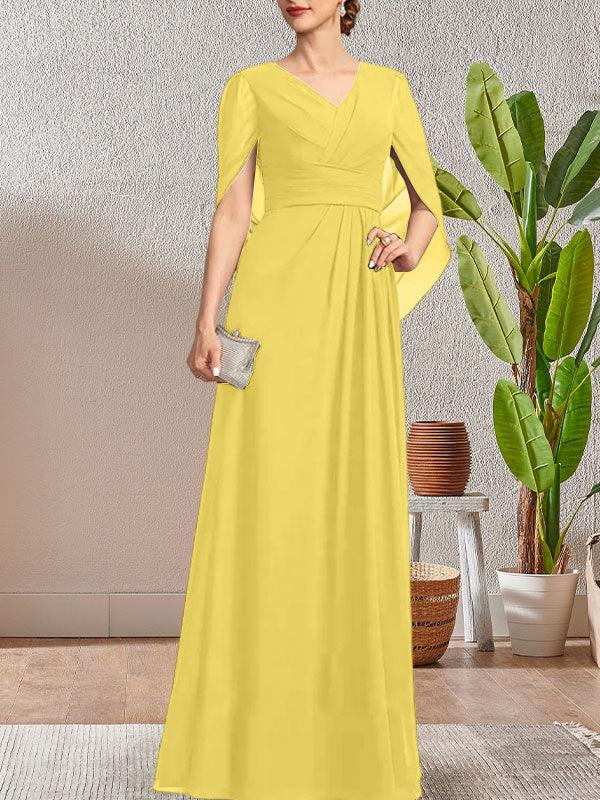 فستان أم العروس طويل برقبة على شكل حرف V وقصة على شكل حرف A باللون الأزرق الداكن