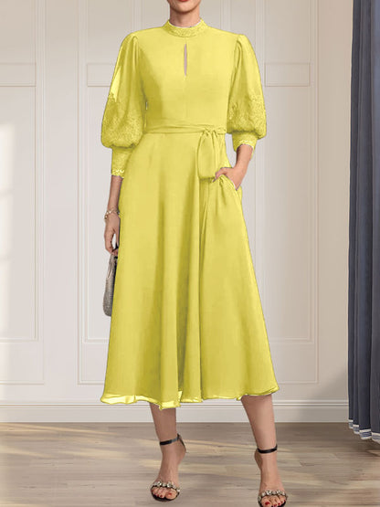 A-line High Neck Tea-Length Lace Chiffon Mother of the Bride Dress With Bow