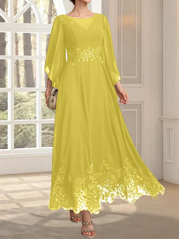 A-Linie, U-Ausschnitt, Illusion, knöchellang, Spitzen-Chiffon, Kleid für die Brautmutter mit Pailletten 