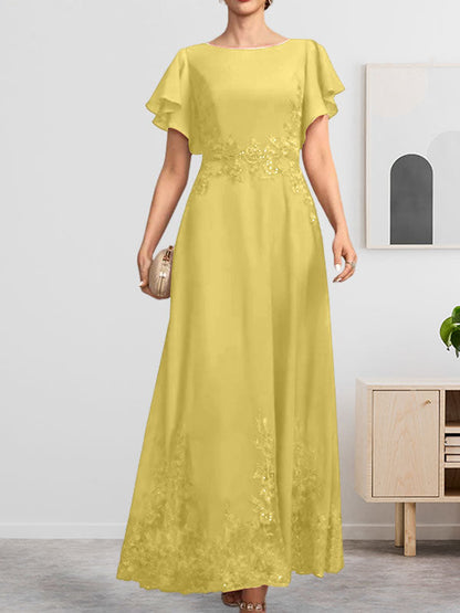 Vestido de gasa con encaje y lentejuelas para madre de la novia, corte A, escote redondo hasta los tobillos