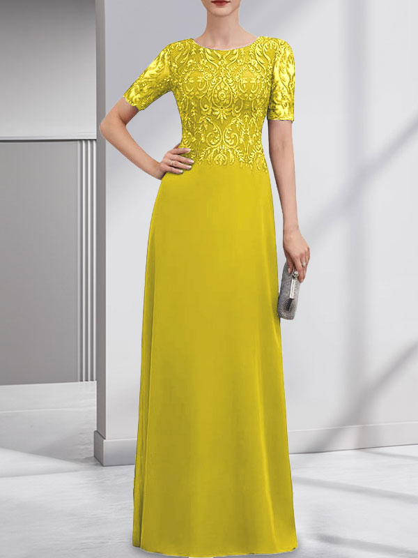 Robe de mère de la mariée en dentelle et mousseline, longueur au sol, en ligne A, décolleté en U, ornée de paillettes
