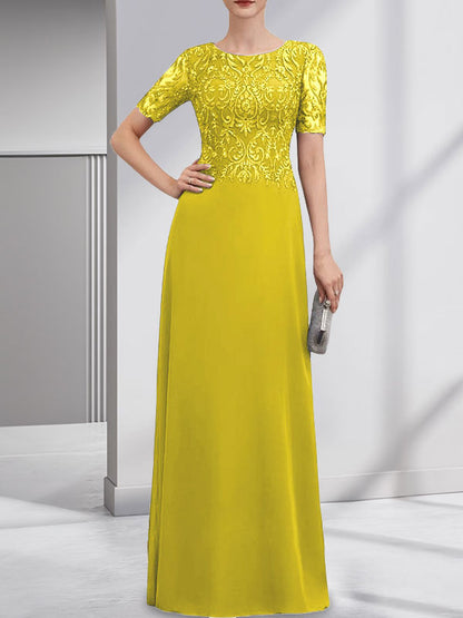 A-Linie U-Ausschnitt Bodenlang Spitzen-Chiffon-Kleid für die Brautmutter mit Pailletten