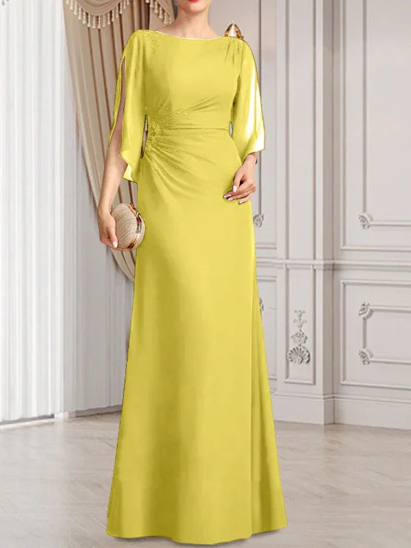 Vestido de madrina de novia de gasa largo hasta el suelo con corte columna y fajín plisado con cuentas