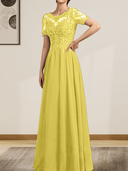 A-Linie U-Ausschnitt Illusion Bodenlang Chiffon Spitze Mutter der Braut Kleid mit Pailletten Perlen