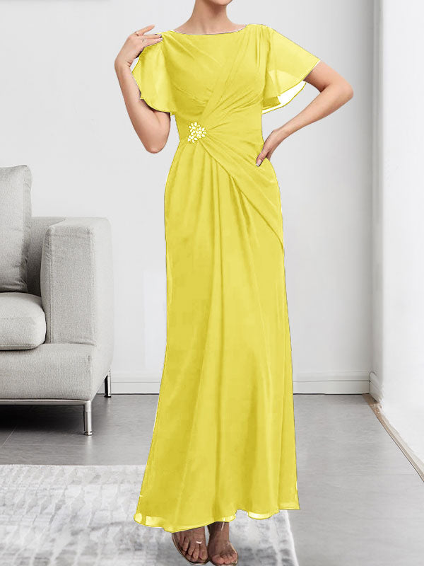 Robe de mère de la mariée en mousseline, longueur cheville, en ligne A, encolure dégagée, ornée de perles et plissée