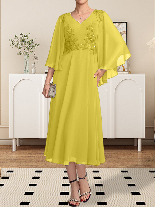 A-Linie, V-Ausschnitt, knielang, Chiffon, Spitze, Kleid für die Brautmutter mit Perlen und Pailletten
