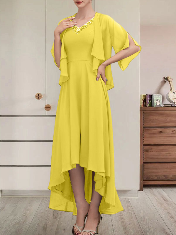 Vestido de gasa asimétrico para madre de la novia con escote en V, corte A y lentejuelas con abalorios