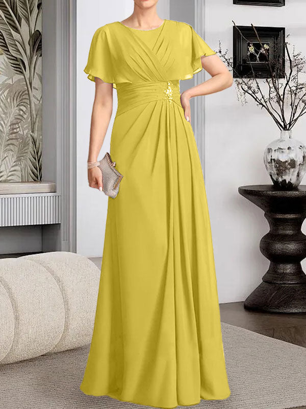 Robe de mère de la mariée en mousseline, longueur au sol, en ligne A, décolleté arrondi, ornée de perles plissées