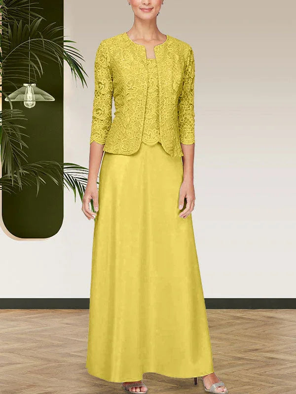 فستان مع جاكيت تنورة من الدانتيل اللامع والساتان مع جاكيت مفتوح