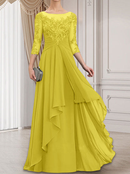 A-Linie, U-Ausschnitt, Illusion, bodenlanges Chiffon-Kleid für die Brautmutter mit kaskadierenden Rüschen