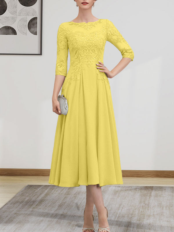 A-Linie, U-Ausschnitt, Illusion, knielang, Chiffon, Spitze, Kleid für die Brautmutter mit Perlen und Pailletten