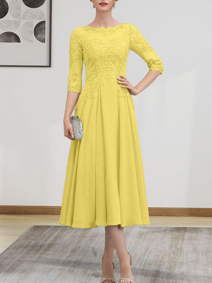 A-Linie, U-Ausschnitt, Illusion, knielang, Chiffon, Spitze, Kleid für die Brautmutter mit Perlen und Pailletten