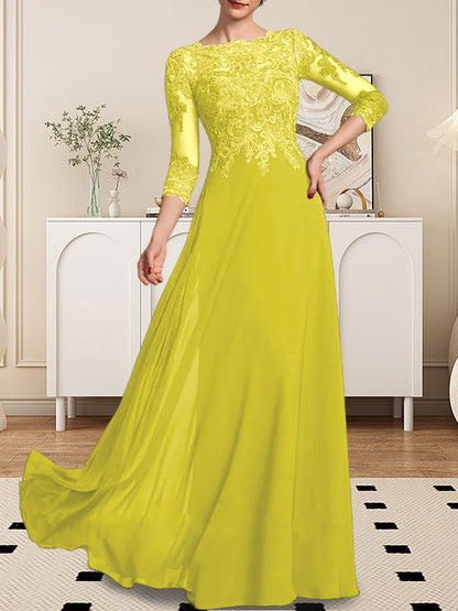 A-Linie U-Ausschnitt Bodenlang Spitzen-Chiffon-Kleid für die Brautmutter mit Pailletten
